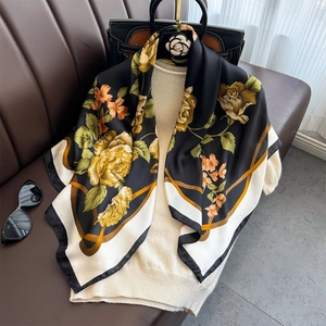 Elegant Floral Print Square Scarf Retro Satin Polyester Neckerchief Lightweight Sun Protection Shawl For Women