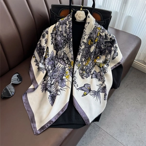 Women Elegant Large Square Scarf Butterfly Floral Print Satiny Satin Polyester Shawl Lightweight Fashion Travel Scarf