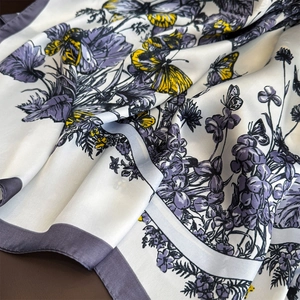 Elegant silk-like square scarf featuring purple floral and butterfly prints on beige