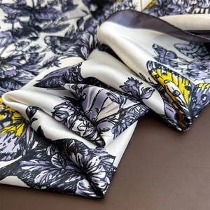 Elegant lightweight silk-like square scarf with yellow butterfly and purple floral print