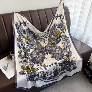 Elegant ivory butterfly print large square silk scarf with yellow accents and gray borders