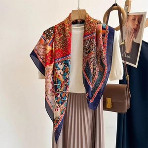Vintage Floral Bird Print Square Scarf Imitation Satin Large Satin Shawl For Sun Protection Retro Ethnic Style Women