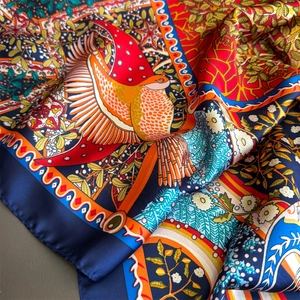 Vintage silk-feel square scarf with elaborate orange bird and floral print pattern