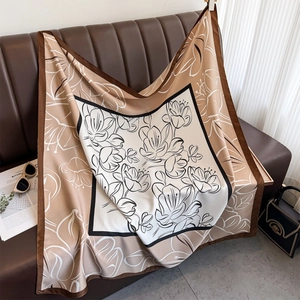 Detail of silk-like floral print scarf showing smooth texture and earth-tone pattern