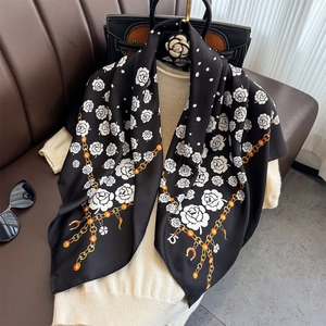 Classic 90cm black twill silk scarf with white camellia flowers and gold chain patterns