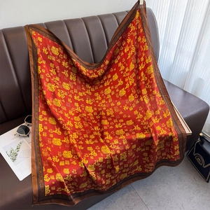 Chinese style large red silk scarf with gold Fu pattern and Greek key border design
