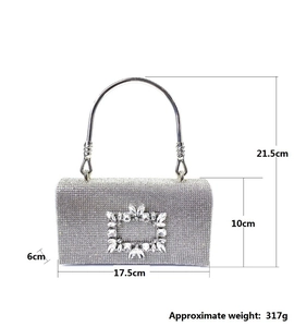 Detailed size specifications of silver rhinestone evening bag with luxury crystal buckle