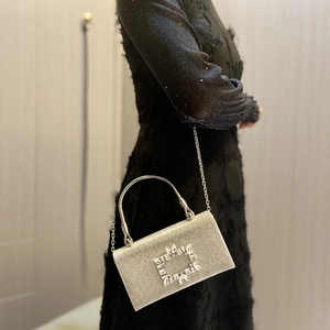 Silver glitter evening bag with crystal buckle shown on model in black dress