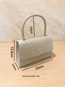 Silver glitter evening bag dimensions 20x13.5x5.5cm with semi-circular handle and magnetic lid