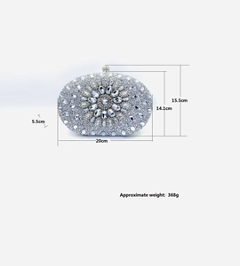 Silver shell evening bag with crystals showing size 20x5.5x15.5cm and 368g weight