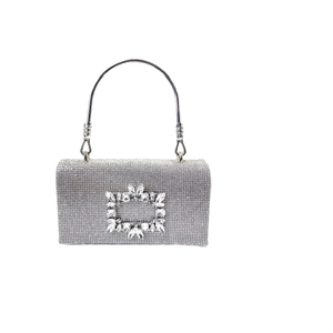 Silver rhinestone evening clutch bag with round metal handle and crystal square buckle