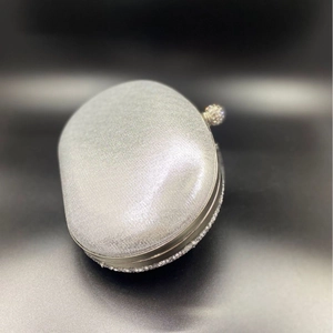 Elegant silver shell clutch bag with glittering crystals and rhinestone clasp for weddings