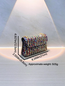 Elegant evening clutch bag with colorful crystals and gold chain strap, 21cm width