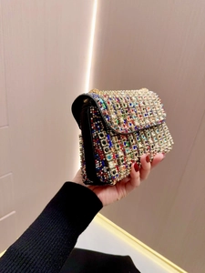 Luxury multi-color crystal clutch bag with gold studs and chain strap for evening party