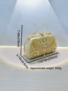 Champagne crystal evening bag with butterfly motif and top handle, 20cm x 19cm dimensions
