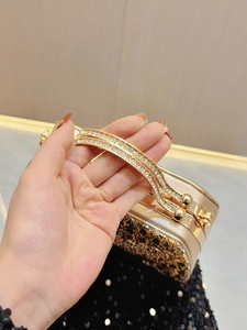 Detail of the champagne gold clutch with rhinestone handles and leopard sequin patterns