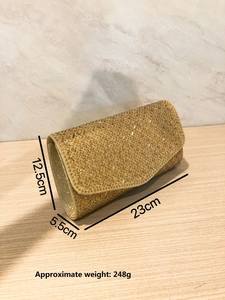 Elegant gold rhinestone evening clutch bag for weddings and formal parties, 23cm x 12.5cm size