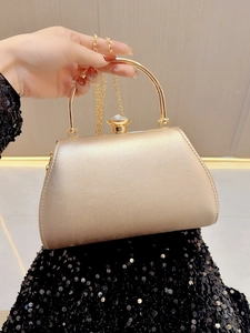 Detail of champagne gold evening bag with crystal buckle and metallic handle