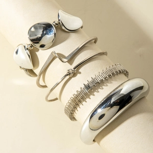 Minimalist silver metal geometric knot bangle and wavy vintage bracelet set for women