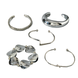 5-piece set of polished silver geometric metal knot and wave open cuff bracelets