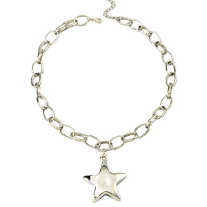 Silver chunky chain necklace with a large polished star pendant on a white background