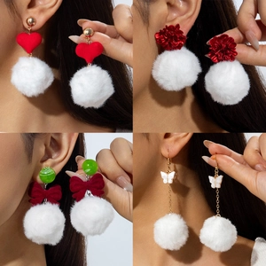 Flocking Bowknot Pom Pom Drop Earrings Alloy Imitation Artificial Pearl Heart Flower Winter Christmas Aesthetic Jewelry For Women
