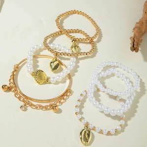 Bohemian gold seashell and pearl beaded bracelet set with starfish charms for women