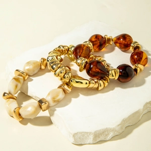 Beaded Bracelet Layered Acrylic Resin Amber Marble Texture Gold Tone Retro Bohemian Jewelry For Women