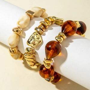Retro geometric CCB acrylic beaded bracelet set with amber resin and gold metal blocks