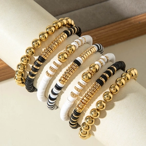 Bracciale in Pasta Polimerica Bohémien da Donna Vintage Lega Placcato Oro Disco Rotondo Elastico Impilabile Gioielli Infilati a Mano