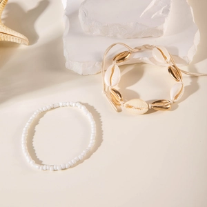 Set de tobilleras bohemias con conchas naturales y cuentas para vacaciones de mar