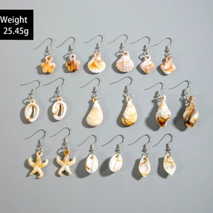 Detail view of 9 pairs bohemian beach shell starfish acrylic drop earrings set