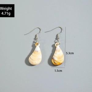 Detailed view of cream-colored acrylic shell earrings with size and weight dimensions