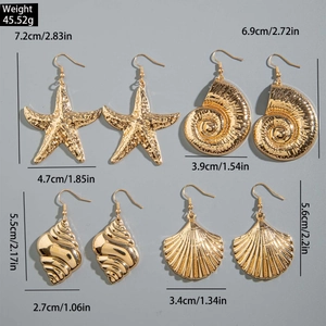 Detailed dimensions and weight of golden starfish and seashell drop earring set