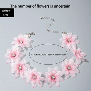 Detail of pink gradient fabric flower choker with crystal and adjustable chain