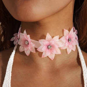 Pink chiffon flower choker necklace with rhinestones in a bohemian floral style