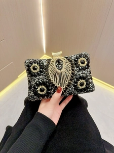Borsa da Sera Vintage con Strass da Donna Pochette Nera di Lusso con Tracolla a Catena Dorata per Matrimonio Banchetto Festa