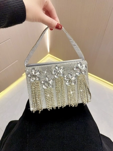 Sac de Soirée Vintage Français avec Strass Fleur Gland Satin Clutch pour Femme Banquet Mariage Fête Sac à Main