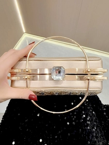 Detail of champagne evening clutch with round metal handle and large square rhinestone