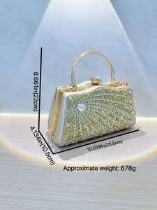 Luxurious evening clutch with sunburst rhinestone pattern and golden circular handle