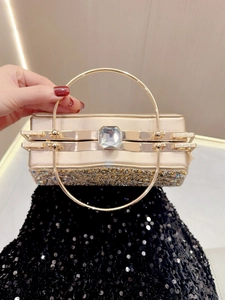 Sparkling champagne gold rhinestone evening handbag with large metal round handle for women