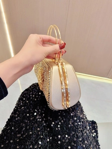 Luxurious gold rhinestone evening clutch bag with circular handles for formal parties