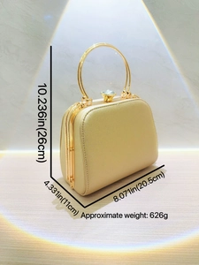 Champagne gold rhinestone evening clutch bag with round gold handle and dimensions