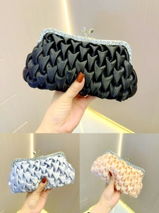 Elegant rhinestone evening clutch bag with pleated satin finish in three classic colors