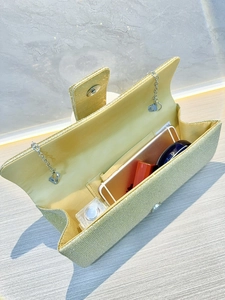 Detail of champagne gold evening clutch interior showing capacity for phone and makeup
