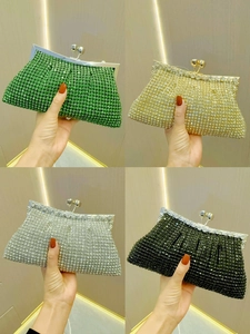 Luxury rhinestone evening clutch bags in green, gold, silver and black for formal parties