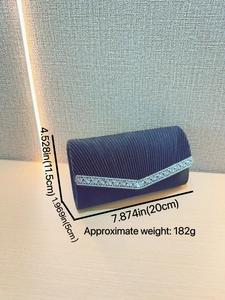 Elegant navy blue pleated clutch bag with V-shaped diamond decor and size dimensions