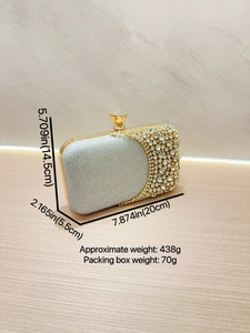 Silver evening clutch bag with rhinestones and metal frame, size 20x14.5x5.5cm