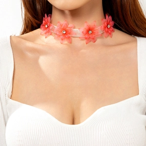 Flower Choker Necklace Chiffon Fabric Floral Rhinestone Sweet Bohemian Adjustable Neck Chain Accessories Women