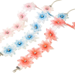 Bohemian floral fabric necklaces in pink, blue, and coral with sparkling rhinestone centers
